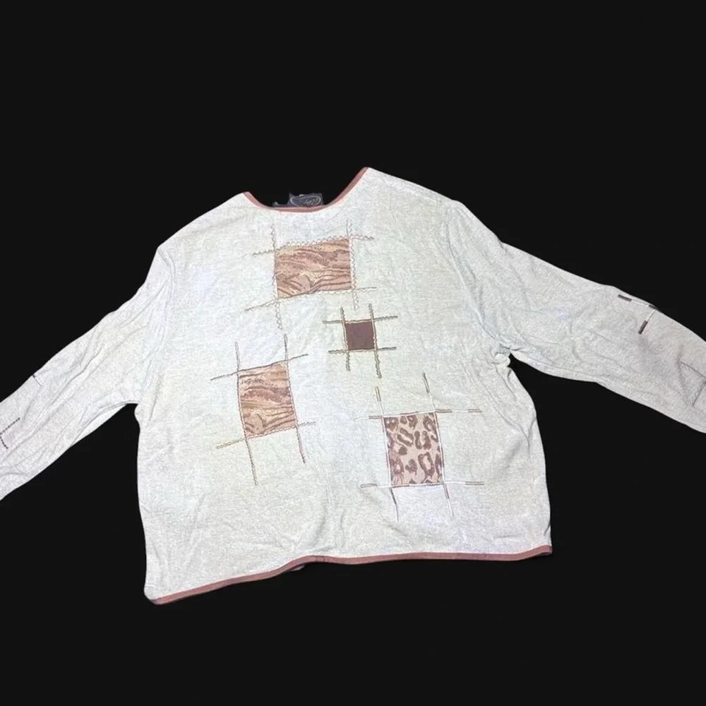 Women’s Cream Patchwork Button-Front Cardigan with Brown Trim